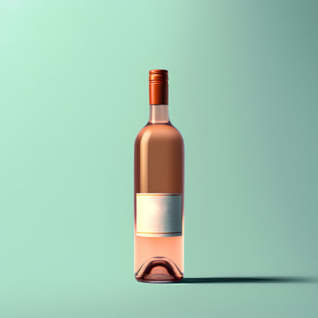 Wine bottle with blank label on turquoise background. 3D renderingの素材