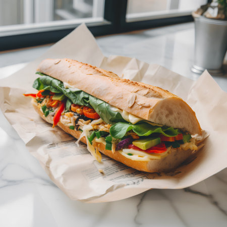Baguette sandwich with chicken, mozzarella cheese and vegetablesの素材