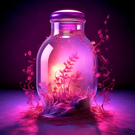 Magic potion in a glass jar with flowers and plants. 3d renderingの素材