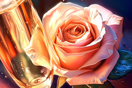 Abstract background with roses and champagne flutes. 3D illustration.の素材