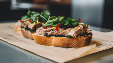 Appetizer with tuna fish and vegetables on toasted baguetteの素材