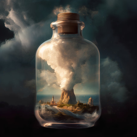 Conceptual image of nuclear power plant in bottle with smoke coming outの素材
