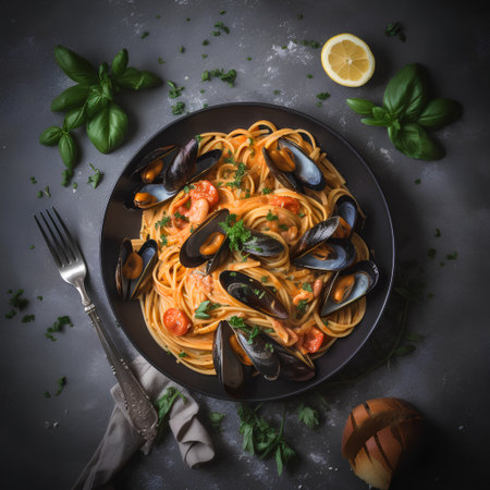 Pasta with mussels and tomatoes on black plate, top viewの素材