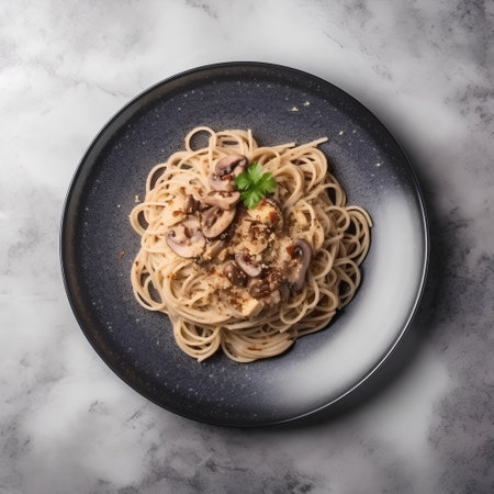 Top view of a plate of spaghetti with mushrooms on a marble backgroundの素材