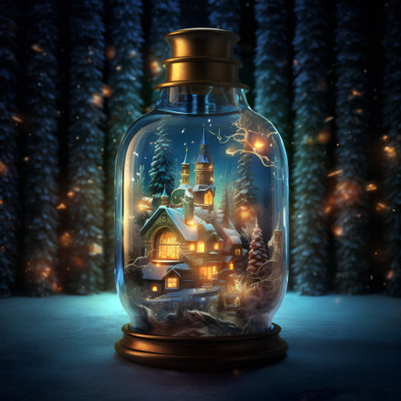 Magic Christmas house in a magic glass jar. 3D rendering.の素材