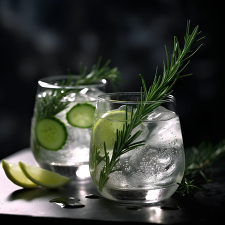Cucumber lemonade with rosemary and lime on dark backgroundの素材