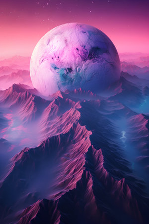 Fantasy alien planet. Mountain and sky. 3D illustration.の素材