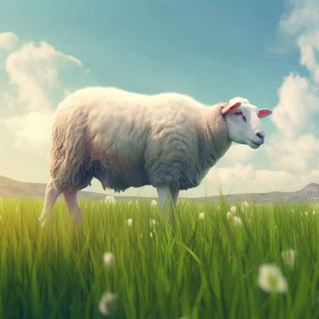 Sheep on a green meadow with blue sky and white cloudsの素材