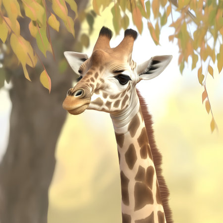 giraffe in the autumn forest, 3d illustration, horizontalの素材