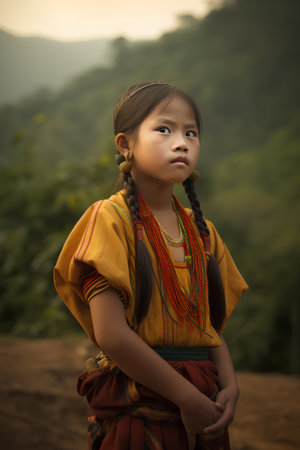 Portrait of a beautiful little girl with braids in the mountainsの素材