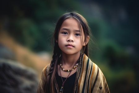 Portrait of a beautiful asian little girl in native costume outdoorの素材