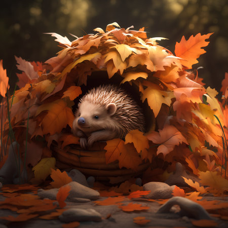 Hedgehog in a basket with autumn leaves. 3D renderingの素材