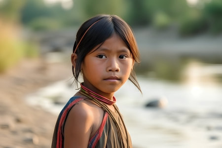 Portrait of a little asian girl on the river bank.の素材