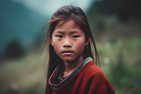 Portrait of a beautiful little asian girl in the mountains.の素材