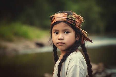 Portrait of a little girl wearing a headscarf at the riverの素材