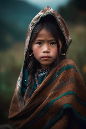 Portrait of a little girl in an ethnic costume in the mountainsの素材