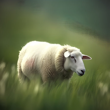 Sheep in the meadow with green grass - 3d renderの素材