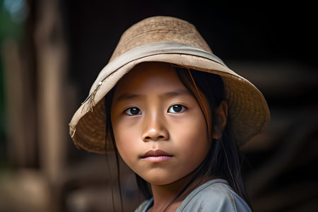 Portrait of a little asian girl in a straw hat.の素材