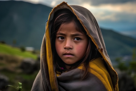 Portrait of a little girl with a hood in the mountains.の素材