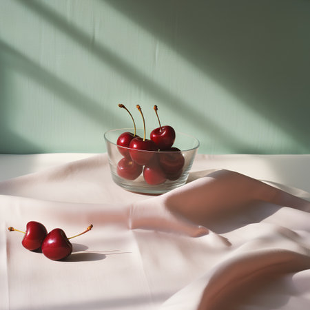 Cherries in a glass bowl on a light background. Minimal still life.の素材