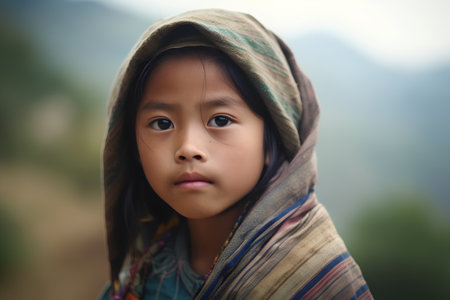 Asian little girl with a scarf on her head looking at the cameraの素材