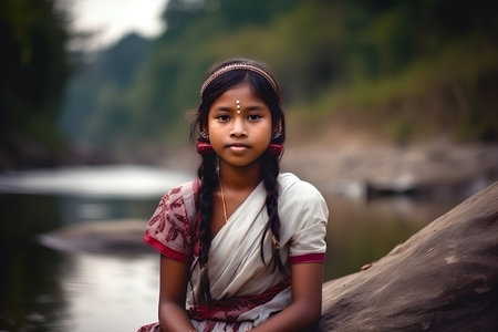 Portrait of a beautiful indian girl on the bank of a riverの素材