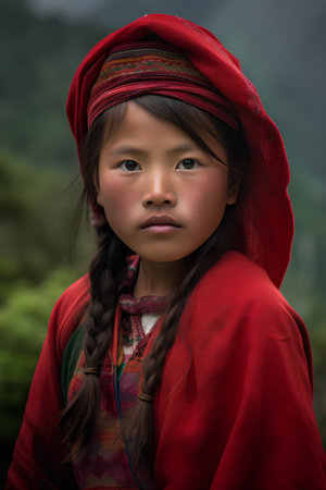 Portrait of a beautiful little girl in a red raincoat.の素材