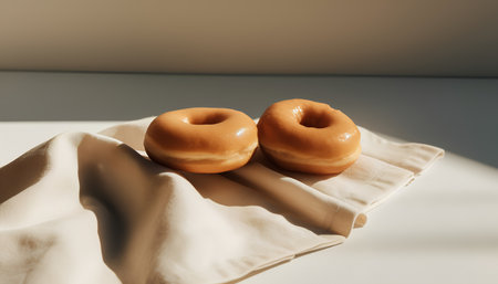 Two donuts on a linen napkin on a light background.の素材