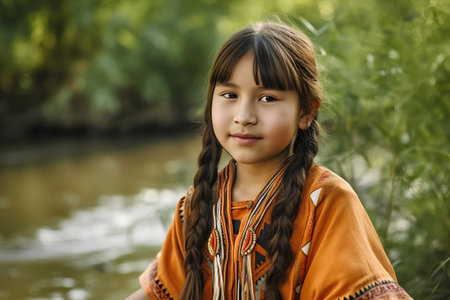 Portrait of a beautiful little girl in a native costume in the parkの素材