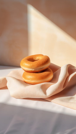 Two fresh bagels on a linen napkin on a light backgroundの素材