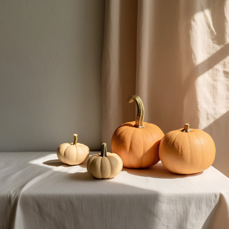 Autumn still life with pumpkins on a white tablecloth.の素材