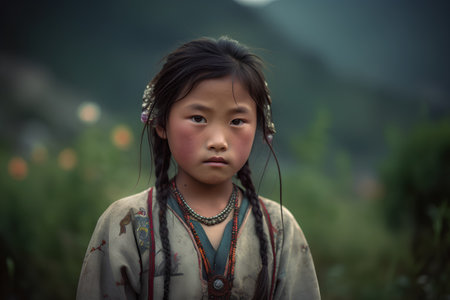 Beautiful asian little girl on the background of the mountains.の素材