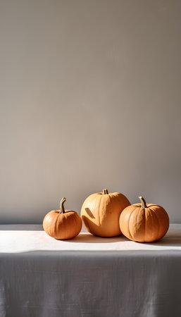 Three pumpkins on a white tablecloth on a gray wall backgroundの素材