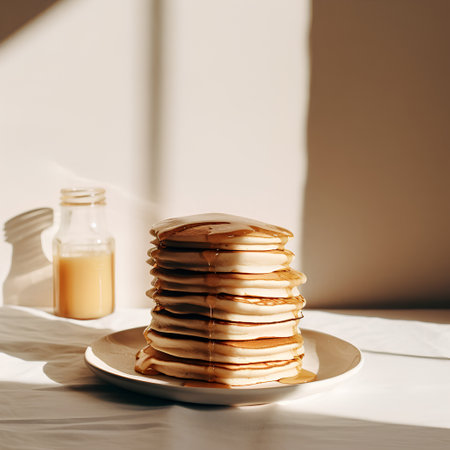 Stack of pancakes on a white plate and a bottle of orange juice on a table in sunlightの素材