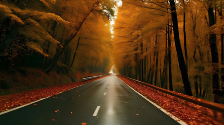 Autumn road in the forest with fallen leaves and yellow trees.の素材