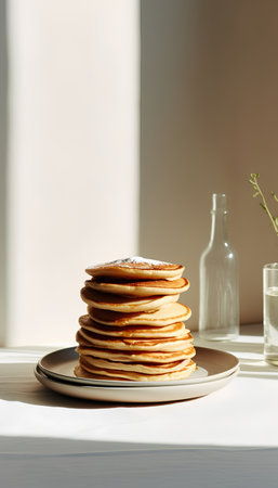 Stack of pancakes on a plate on a white table in the sunlightの素材