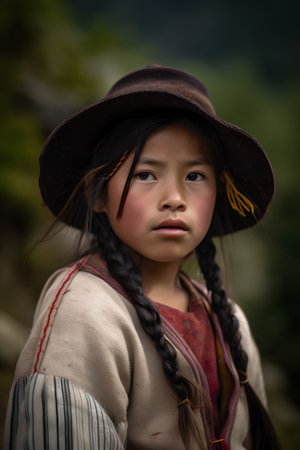 Little asian girl in a cowboy hat with long braids.の素材