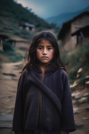 Portrait of a beautiful little girl in the countryside, India.の素材
