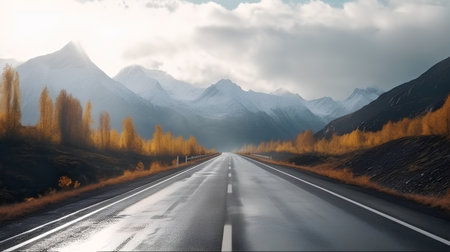Beautiful autumn landscape with road and mountains in the clouds, Russiaの素材