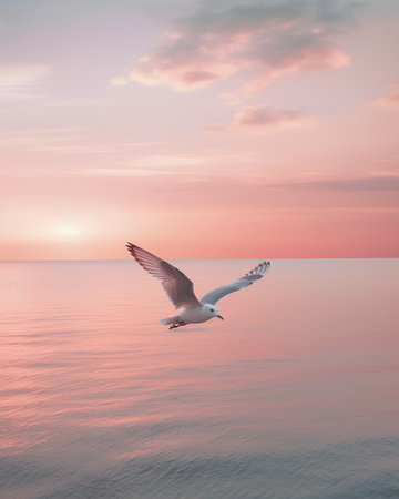 Seagull flying over the sea at sunset. 3d renderの素材