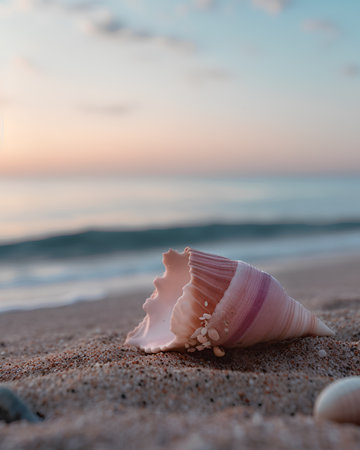 Seashells on the beach at sunset. Selective focus.の素材