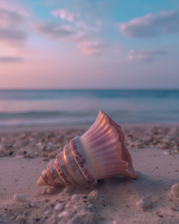 Seashell on the beach at sunset. Summer vacation concept.の素材
