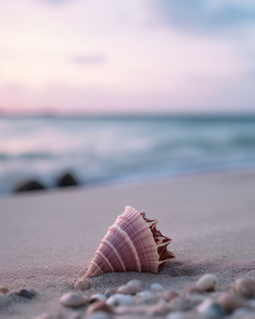Seashell on the beach at sunset. Selective focus.の素材