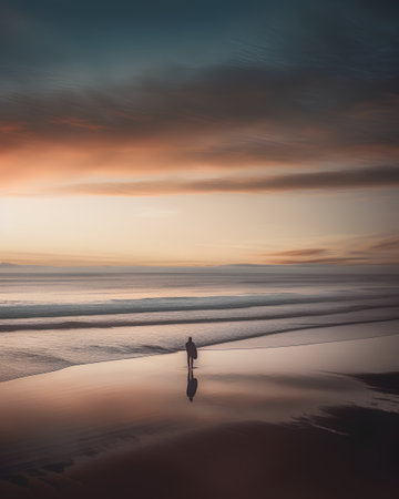 Beautiful seascape with a silhouette of a surfer at sunsetの素材