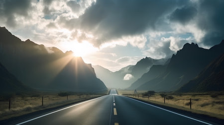 Road in the desert with dramatic sky and sunbeams. 3d renderingの素材