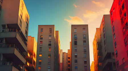Modern apartment buildings on a sunny day. Facade of a modern apartment buildingの素材