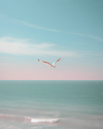 Seagull flying over the sea. Seascape. Toned.の素材