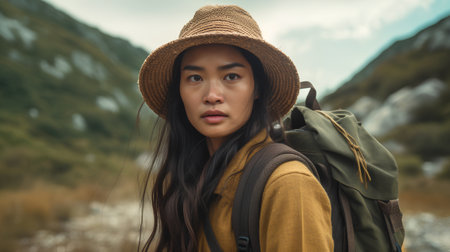 Portrait of a young asian woman with backpack hiking in mountainsの素材