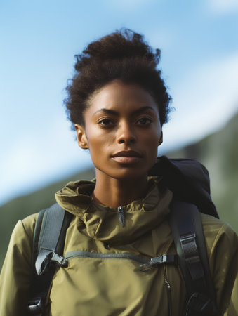 Portrait of a young african american woman with backpack in the mountainsの素材