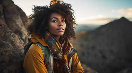 Beautiful african american woman with afro hairstyle, wearing yellow jacket and scarf, standing on top of a mountain.の素材